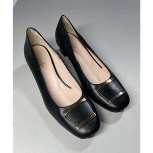 Heyraud Leather Block Heels Womens EU 39 Black Slip On Gold Trim Shoes